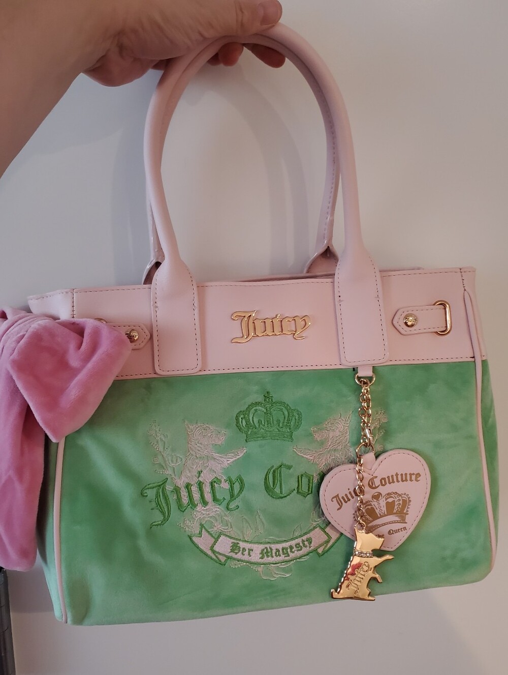 Juicy Couture Pink and Green Velvet Tote with Gold Hardware